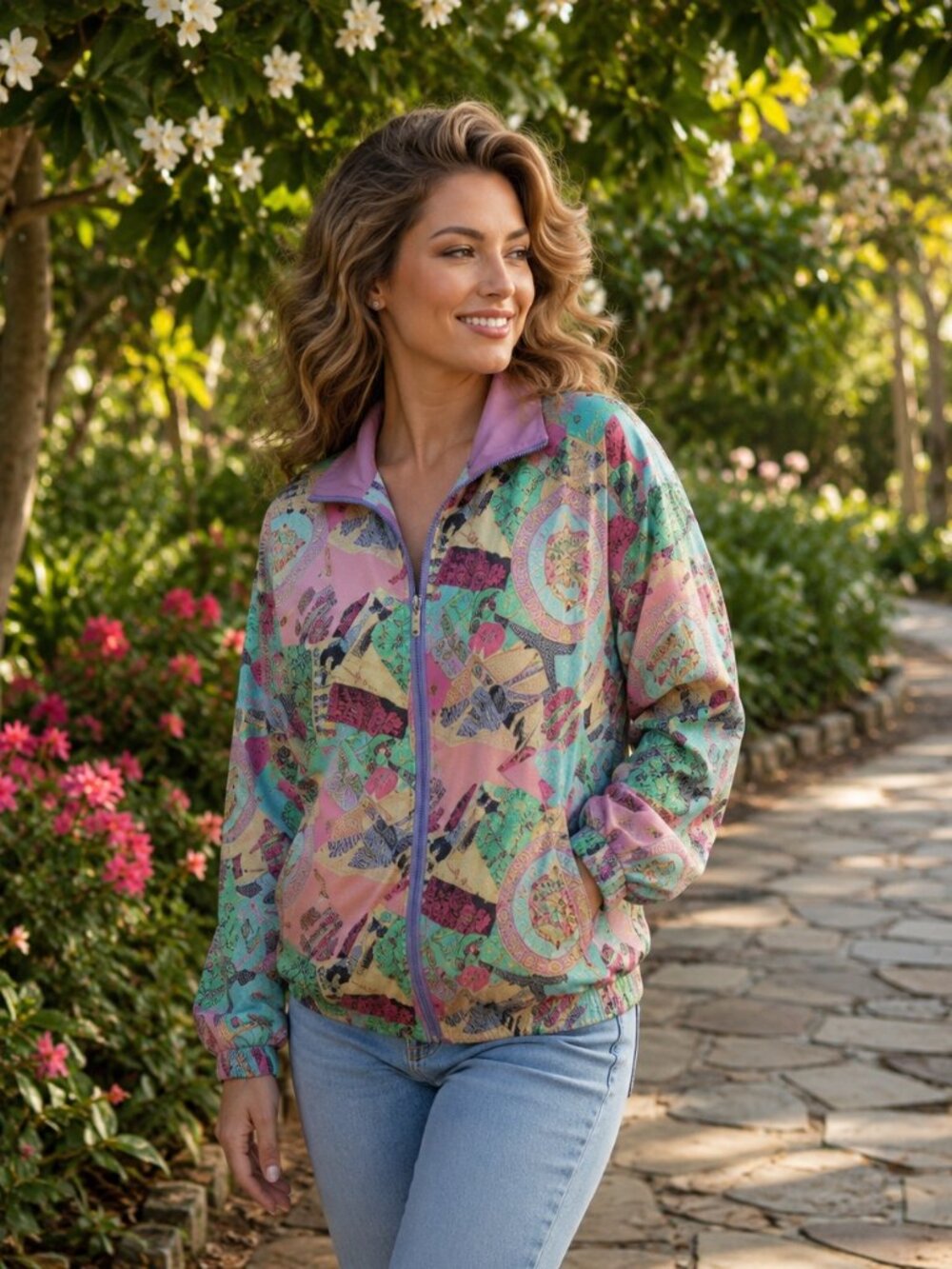 Mureli Vtg 80s silk bomber travel map jacket